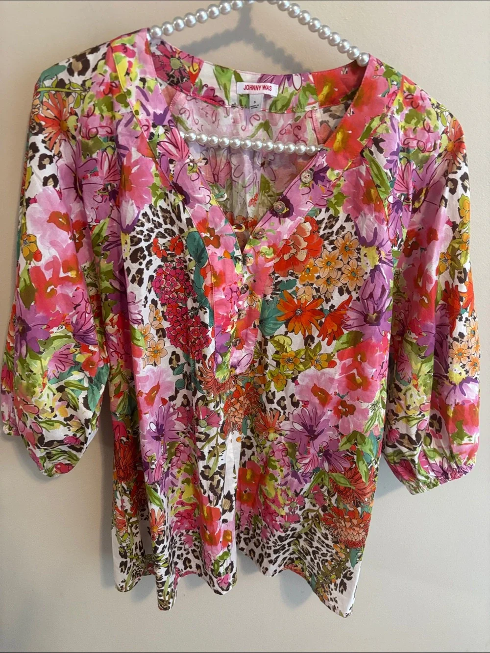 Johnny Was Wild Garden Puff Sleeve Blouse S Cotton Floral Leopard Boho Henley